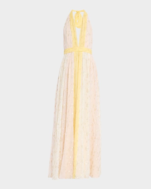 Leigh Deep V-Neck Fil Coupe Halter Gown